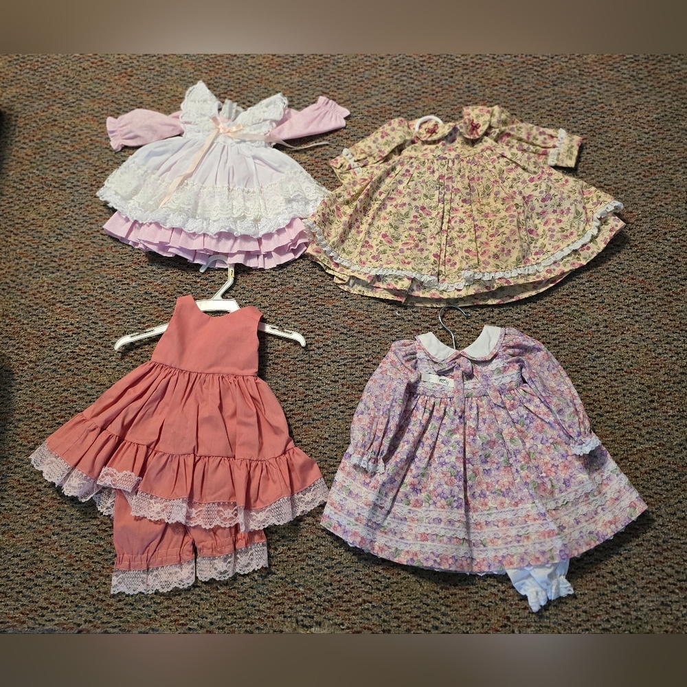 LOT of 4 Vintage Doll Dresses NWOT Handmade Hand-crafted 3-Pc Dress Sets Bloomer